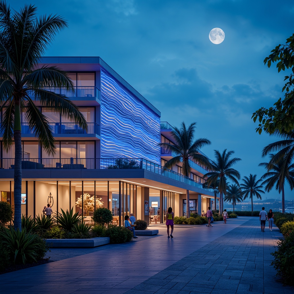 Prompt: Glowing neon lights, ocean-inspired facade, wavy lines, beachy vibes, tropical plants, palm trees, driftwood accents, nautical ropes, anchor symbols, seaside promenade, moonlit night, soft blue lighting, misty atmosphere, 1/1 composition, shallow depth of field, realistic textures, ambient occlusion, modern minimalist architecture, glass balconies, steel frames, LED light installations, futuristic design elements, iridescent colors, holographic patterns.