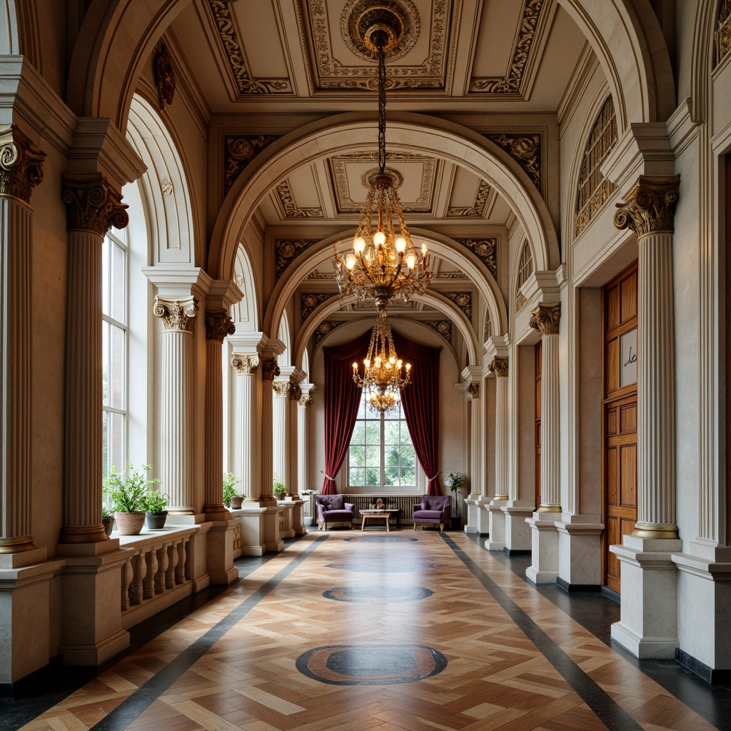 Prompt: Marble columns, ornate carvings, grand archways, symmetrical facades, rusticated bases, smooth limestone walls, intricate moldings, gilded details, velvet drapes, polished wooden floors, crystal chandeliers, soft warm lighting, shallow depth of field, 3/4 composition, panoramic view, realistic textures, ambient occlusion.