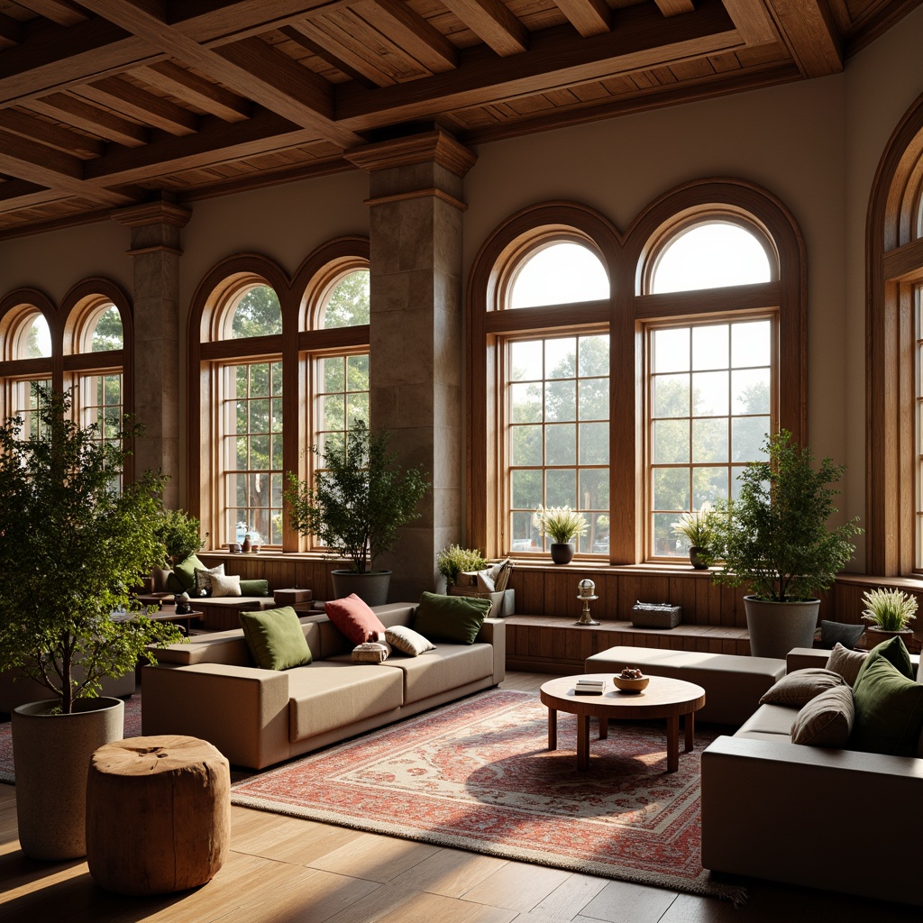 Prompt: Cozy student lounge, warm wooden accents, soft natural lighting, large windows, elegant archways, classic columns, comfortable sofas, rustic coffee tables, vintage rugs, earthy color palette, subtle texture details, shallow depth of field, 1/1 composition, realistic rendering, ambient occlusion, morning sunlight, gentle shadows, peaceful atmosphere.