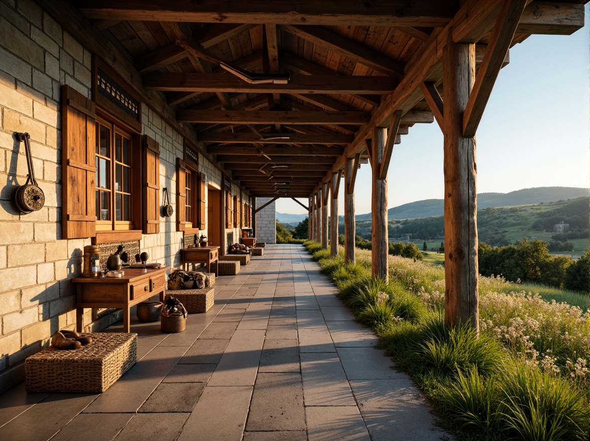 Prompt: Rustic barn, wooden beams, vintage farm tools, natural stone walls, earthy tones, soft warm lighting, large windows, wooden shutters, ornate metal hinges, distressed wood textures, rural landscape, rolling hills, green pastures, wildflowers, sunny day, shallow depth of field, 3/4 composition, panoramic view, realistic textures, ambient occlusion.