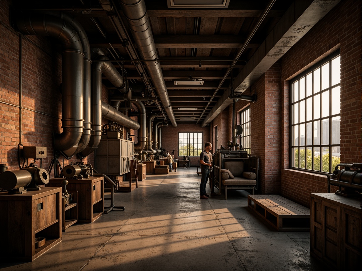 Prompt: Rustic industrial landscape, abandoned factories, distressed brick walls, metal pipes, worn concrete floors, vintage machinery, exposed ductwork, dimly lit atmosphere, warm golden lighting, shallow depth of field, 1/1 composition, realistic textures, ambient occlusion, muted color palette, earthy tones, weathered wood accents, metallic sheen, industrial-grade materials, functional design elements, utilitarian aesthetic, urban decay, post-apocalyptic ambiance.