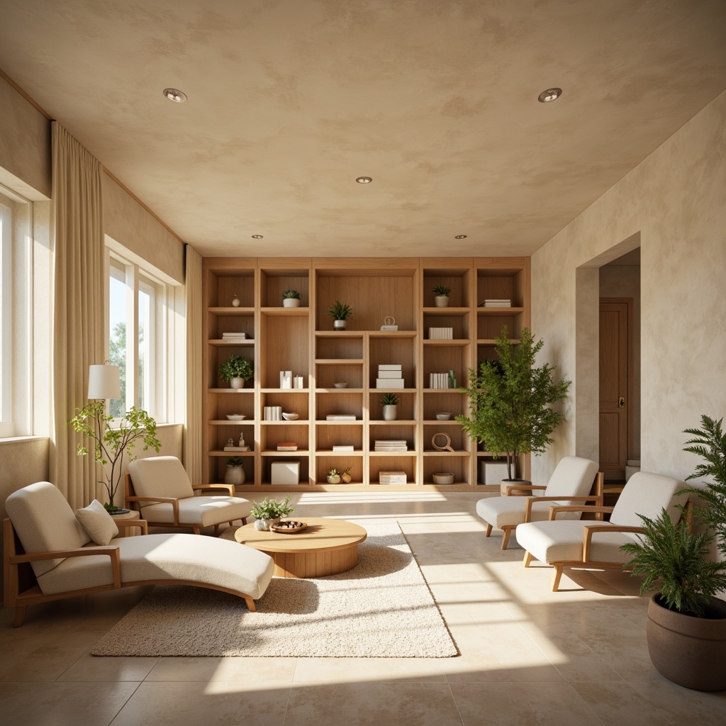 Prompt: Muted earthy tones, soft pastel hues, calming beige walls, natural wood accents, plush greenery, creamy whites, warm golden lighting, cozy reading nooks, comfortable seating areas, minimalist decor, subtle texture contrasts, organic shapes, serene atmosphere, shallow depth of field, 1/1 composition, realistic renderings, ambient occlusion.