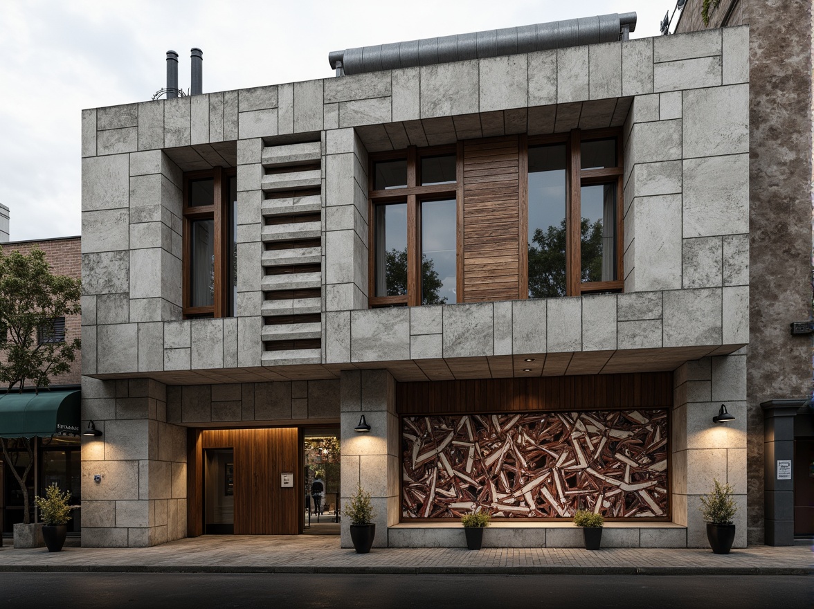 Prompt: Rustic constructivist building, exposed concrete walls, rough stone textures, metallic accents, industrial pipes, reclaimed wood planks, distressed finishes, brutalist fa\u00e7ade, geometric patterns, abstract murals, urban cityscape, overcast sky, dramatic shadows, high-contrast lighting, 1/1 composition, symmetrical framing, realistic renderings, ambient occlusion.