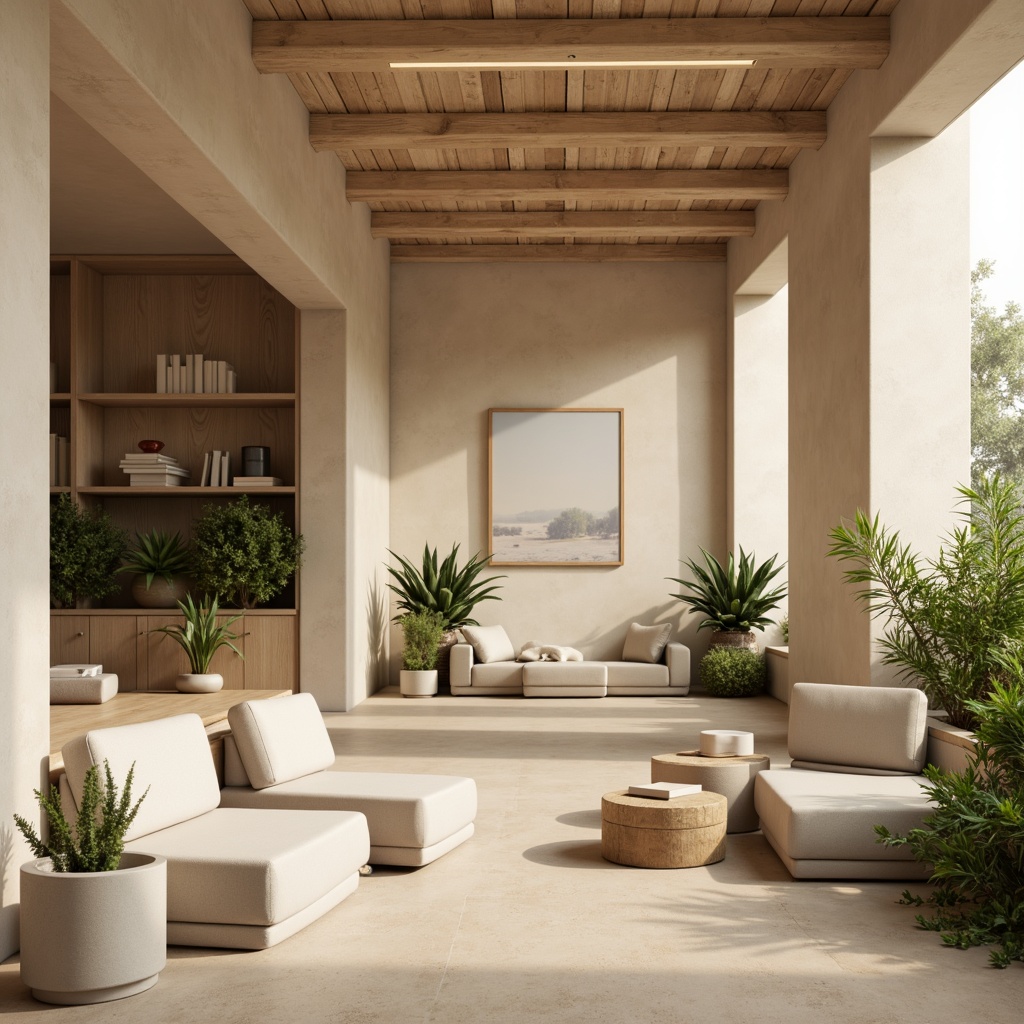 Prompt: Muted earthy tones, soft pastel hues, calming beige walls, natural wood accents, plush greenery, creamy whites, warm golden lighting, cozy reading nooks, comfortable seating areas, minimalist decor, subtle texture contrasts, organic shapes, serene atmosphere, shallow depth of field, 1/1 composition, realistic renderings, ambient occlusion.