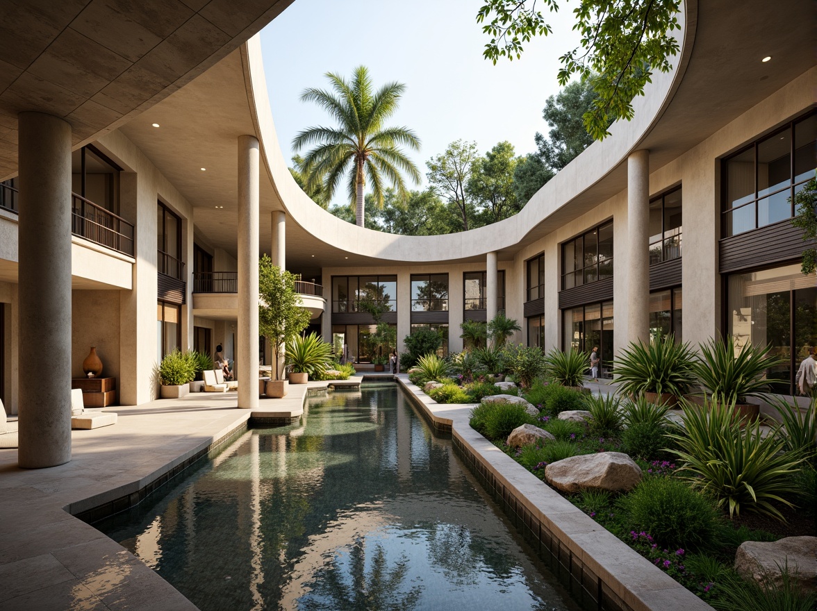 Prompt: Curved archways, open-air corridors, natural stone columns, flowing water features, lush greenery, vibrant flowers, modern minimalist architecture, sleek metal railings, glass roofs, abundant natural light, soft warm ambiance, shallow depth of field, 3/4 composition, panoramic view, realistic textures, ambient occlusion.