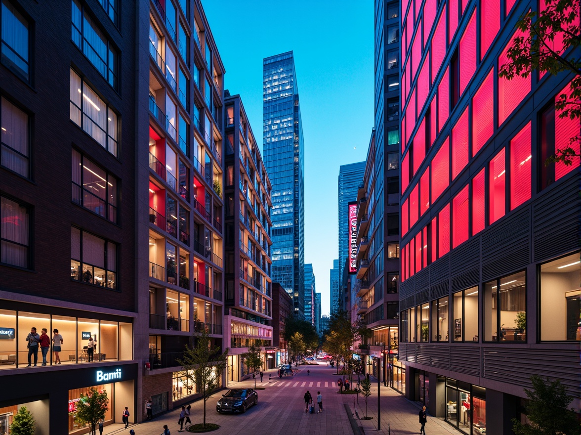 Prompt: Vibrant cityscape, modern skyscrapers, bold color blocking, contrasting hues, neon lights, urban atmosphere, bustling streets, pedestrian walkways, dynamic architecture, geometric patterns, metallic accents, glass facades, reflective surfaces, warm ambient lighting, shallow depth of field, 1/1 composition, realistic textures, ambient occlusion.