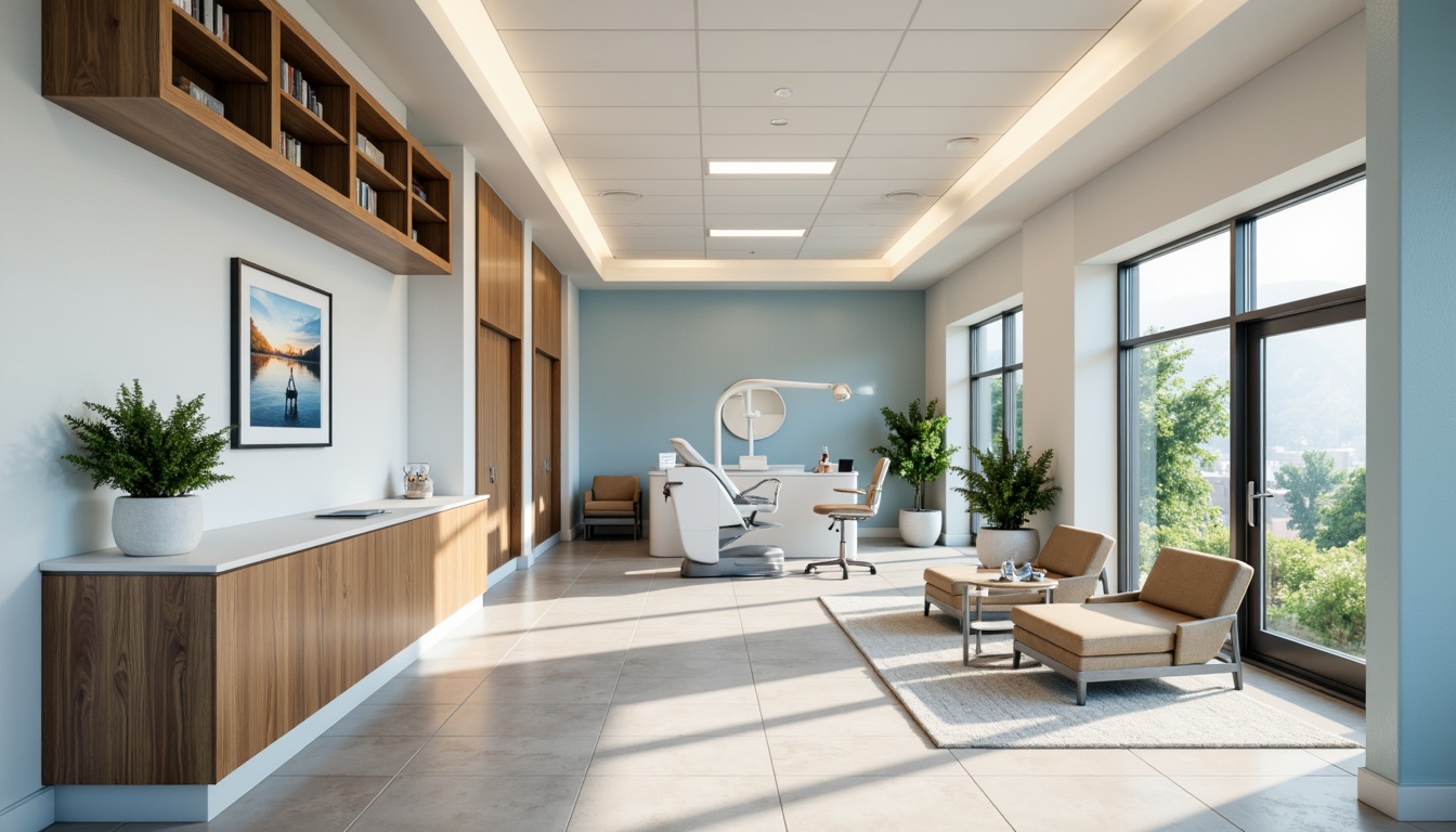 Prompt: Calming dental clinic, soothing blue tones, creamy whites, warm beige accents, natural wood textures, gentle lighting, soft shadows, serene atmosphere, comfortable waiting areas, modern dental equipment, sleek metal surfaces, minimalist decor, calming nature-inspired artwork, peaceful ambient sounds, shallow depth of field, 1/1 composition, realistic renderings, subtle color gradations.