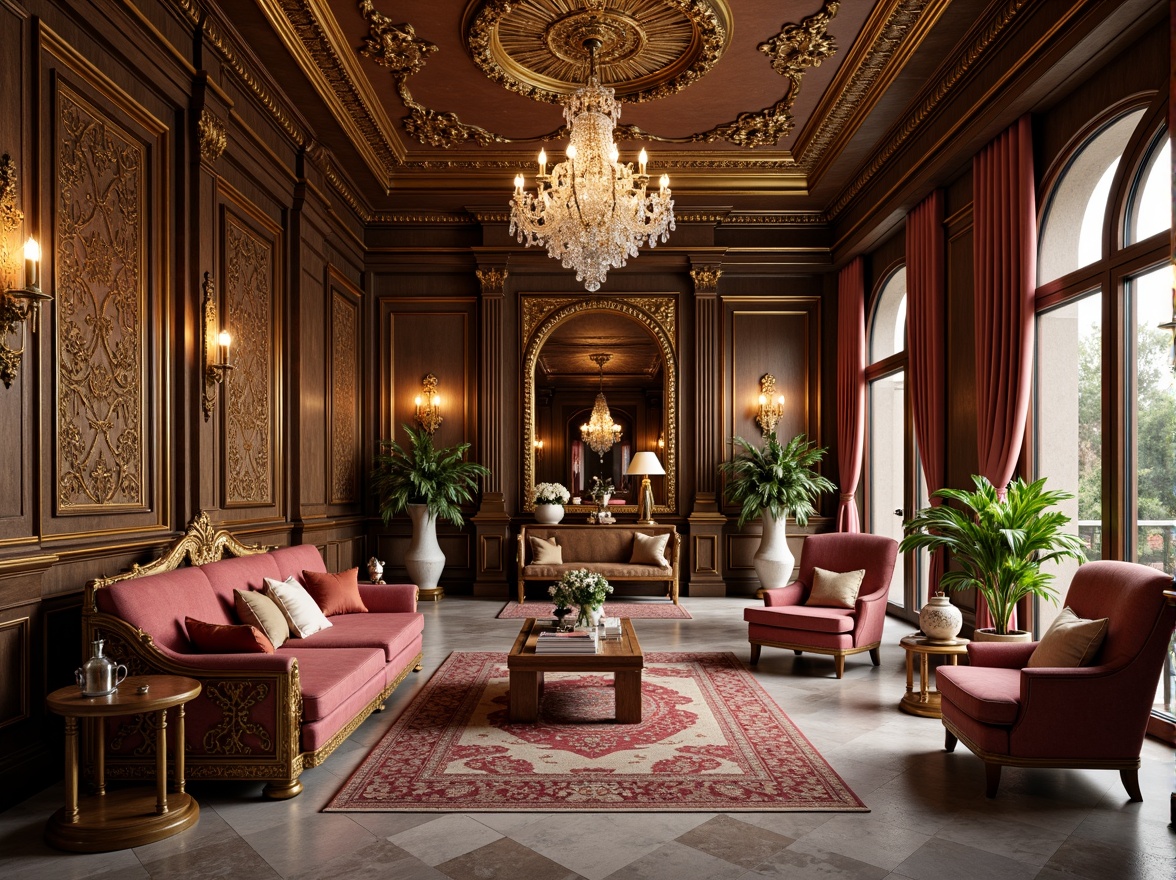 Prompt: Luxurious apartment interior, ornate Renaissance-style furnishings, intricately carved wooden panels, gilded accents, velvet drapes, crystal chandeliers, marble flooring, richly patterned rugs, opulent fabrics, golden lighting fixtures, grandiose ceiling designs, lavish decorative moldings, classical columns, arched windows, soft warm lighting, shallow depth of field, 1/1 composition, realistic textures, ambient occlusion.