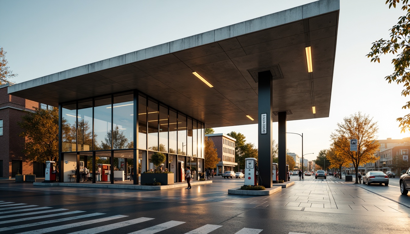 Prompt: Modernist gas station, sleek glass panels, minimalist design, angular lines, industrial chic aesthetic, functional architecture, urban landscape, busy city streets, morning sunlight, soft warm lighting, shallow depth of field, 3/4 composition, panoramic view, realistic textures, ambient occlusion, geometric shapes, metallic accents, bold typography, vintage gas pumps, retro-style signage, concrete flooring, steel beams, open ceiling, natural ventilation, functional simplicity.