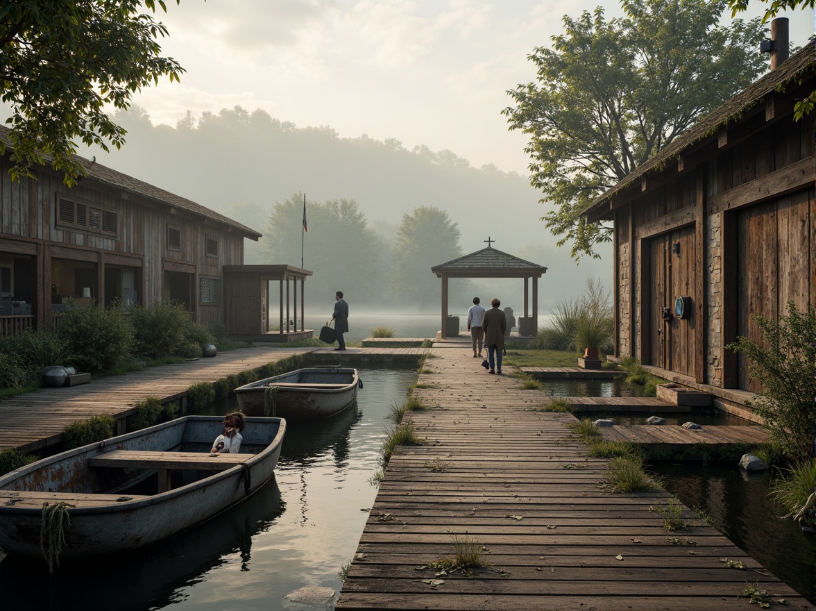 Prompt: Rustic wooden docks, weathered boat hulls, nautical ropes, distressed metal accents, reclaimed wood planks, earthy stone foundations, moss-covered roofs, serene lake surroundings, misty morning atmosphere, soft warm lighting, shallow depth of field, 3/4 composition, panoramic view, realistic textures, ambient occlusion.