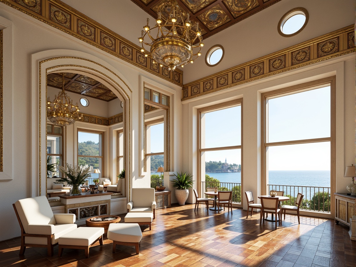 Prompt: Art Deco coastal building, ornate metalwork, geometric patterns, luxurious materials, pastel color palette, soft warm lighting, golden accents, nautical motifs, porthole windows, curved lines, opulent chandeliers, ambient occlusion, shallow depth of field, 1/1 composition, panoramic view, realistic textures, sunny day, ocean views, sea breeze, beachy atmosphere.