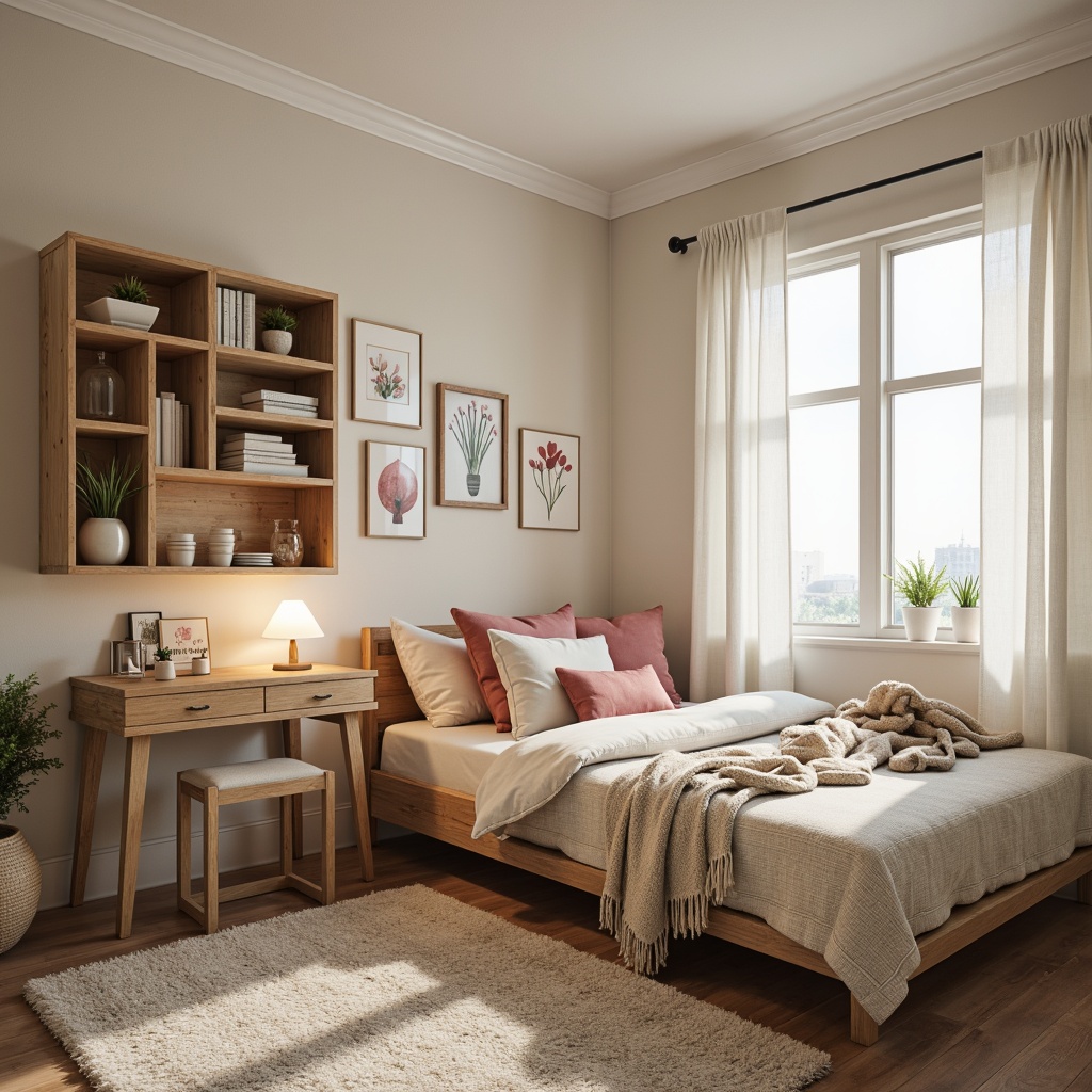 Prompt: Cozy dorm room, soft warm lighting, calming color scheme, soothing pastel hues, creamy whites, gentle grays, earthy browns, natural wood accents, plush textiles, comfortable furnishings, minimalist decor, modern simplicity, Scandinavian-inspired design, functional storage solutions, cozy reading nooks, relaxing ambiance, serene atmosphere, 1/1 composition, soft focus, warm color temperature.