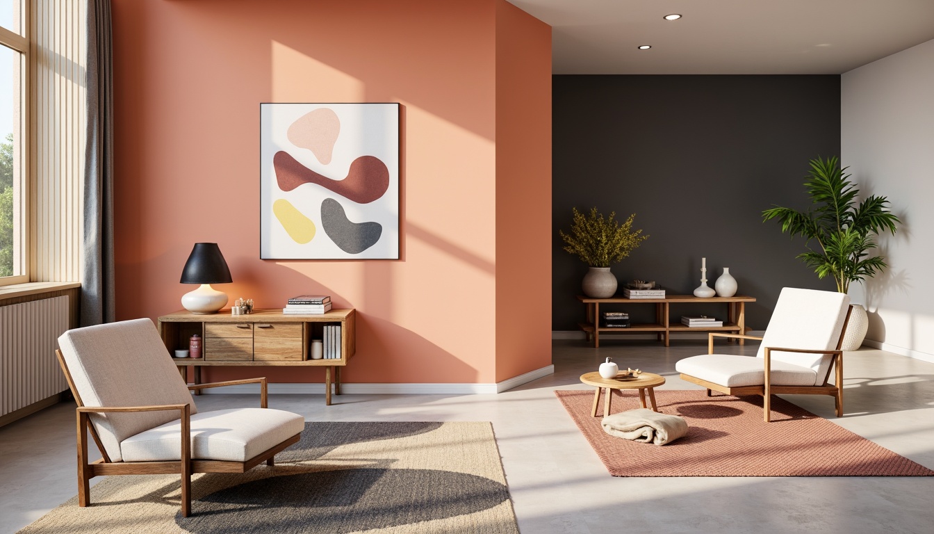 Prompt: Vibrant modern interior, bold color blocking, pastel hues, soft peach tones, rich charcoal accents, metallic silver highlights, natural wood textures, sleek minimalist furniture, geometric patterned rugs, abstract artwork, warm ambient lighting, shallow depth of field, 1/1 composition, realistic renderings, subtle gradient effects.