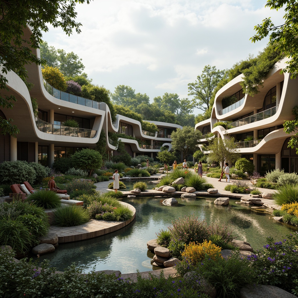 Prompt: Organic blob-shaped buildings, curved lines, futuristic architecture, lush green roofs, verdant walls, natural stone foundations, meandering pathways, serene water features, koi ponds, wooden decks, cantilevered structures, panoramic views, soft warm lighting, shallow depth of field, 3/4 composition, realistic textures, ambient occlusion, misty morning atmosphere, vibrant colorful flora, eclectic garden ornaments, whimsical sculptures.