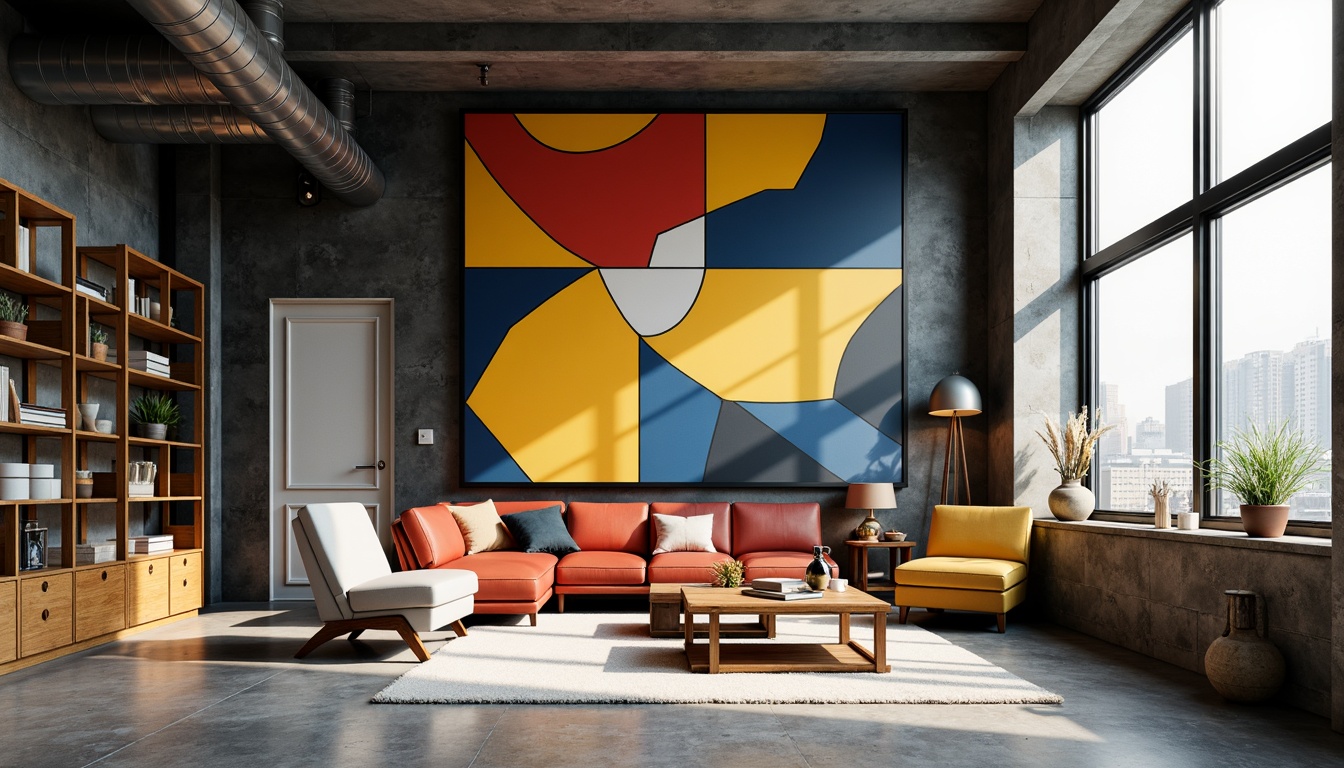 Prompt: Geometric apartment interior, constructivist style, bold color blocking, abstract artwork, industrial metal accents, exposed ductwork, polished concrete floors, minimalist furniture, functional shelving units, asymmetrical compositions, dynamic spatial layout, fragmented forms, overlapping planes, avant-garde decor, urban loft atmosphere, natural light pouring in, high ceilings, dramatic shadows, 1/1 composition, low-key lighting, realistic textures, ambient occlusion.