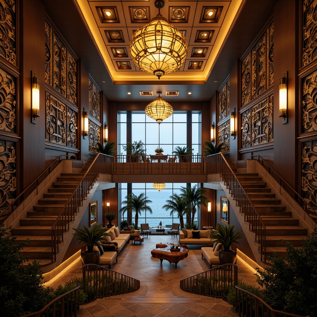 Prompt: Art Deco coastal mansion, ornate metalwork, geometric patterns, luxurious chandeliers, sconce lighting, warm golden glow, soft ambient illumination, floor-to-ceiling windows, ocean views, nautical themes, porthole windows, curved lines, metallic accents, opulent materials, lavish furnishings, high ceilings, grand staircases, dramatic verticality, low-key backlighting, subtle color grading, cinematic atmosphere, 1/2 composition, symmetrical framing, realistic reflections, detailed textures.