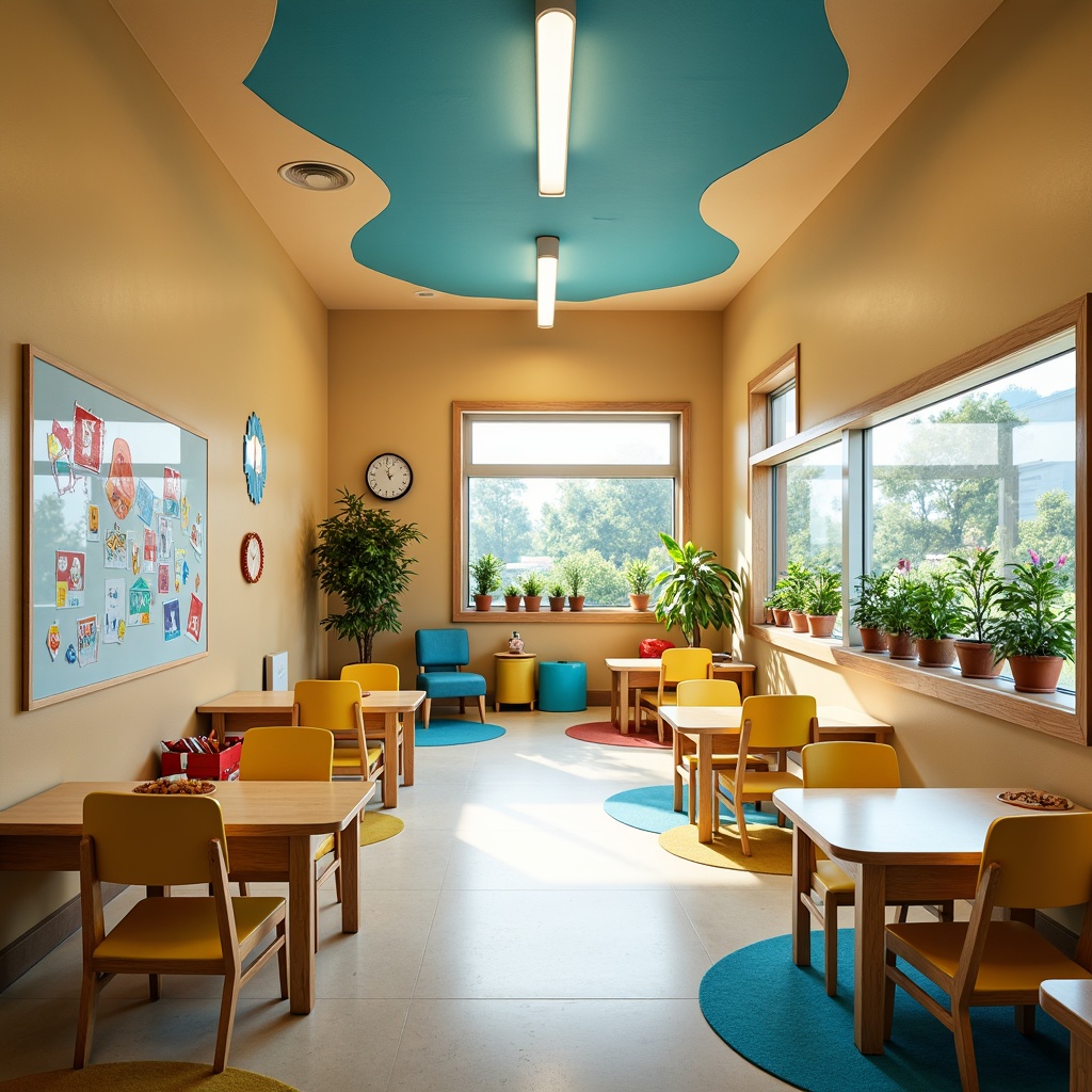 Prompt: Vibrant elementary school, playful color scheme, warm beige walls, bright blue accents, energetic yellow furniture, stimulating greenery, interactive whiteboards, collaborative learning spaces, natural light pouring in, softbox lighting, shallow depth of field, 3/4 composition, panoramic view, realistic textures, ambient occlusion.