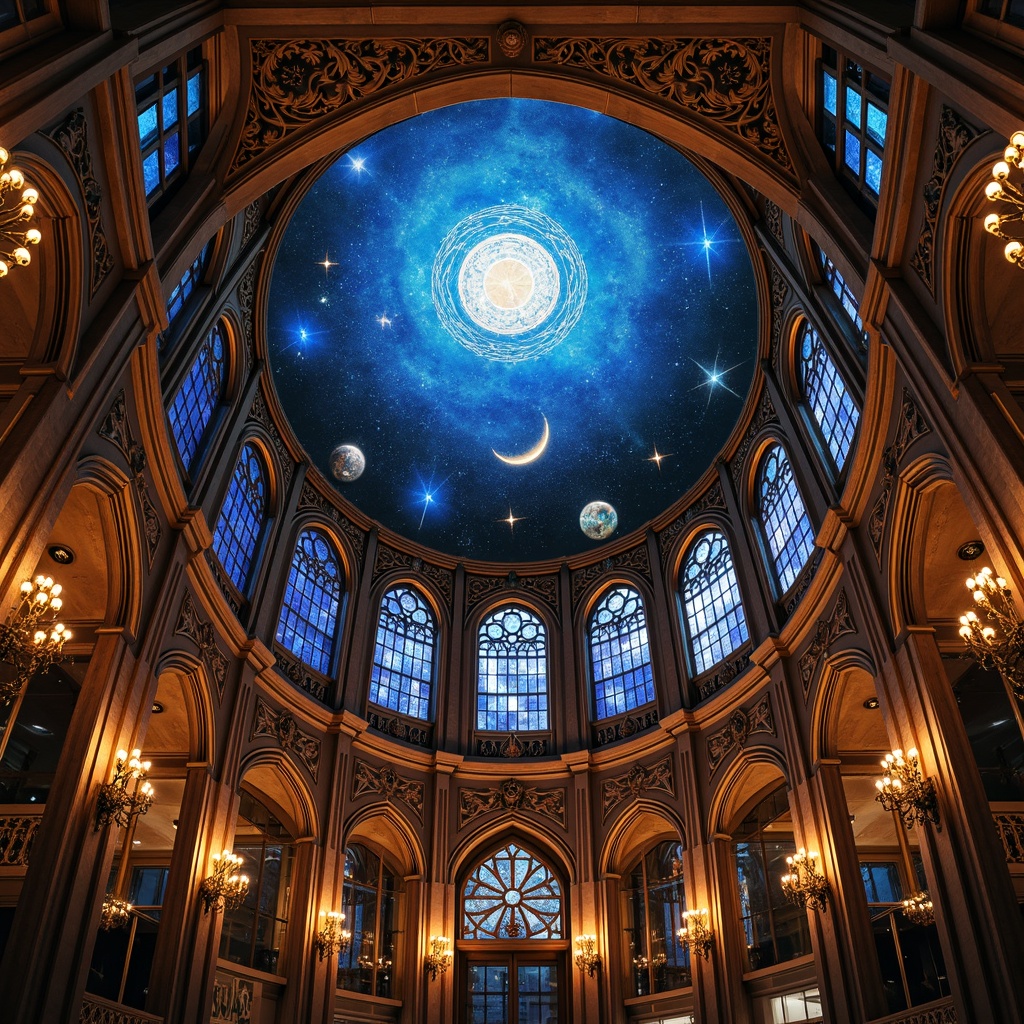 Prompt: Celestial planetarium dome, intricate gothic arches, ornate stone carvings, stained glass windows, vibrant astronomical patterns, starry night sky, majestic vaulted ceilings, grandiose chandeliers, luxurious velvet drapes, mystical ambiance, soft ethereal lighting, dramatic shadows, 1/1 composition, symmetrical framing, realistic textures, ambient occlusion, innovative roofing systems, solar panels integration, green roofs, eco-friendly materials, futuristic architectural details.