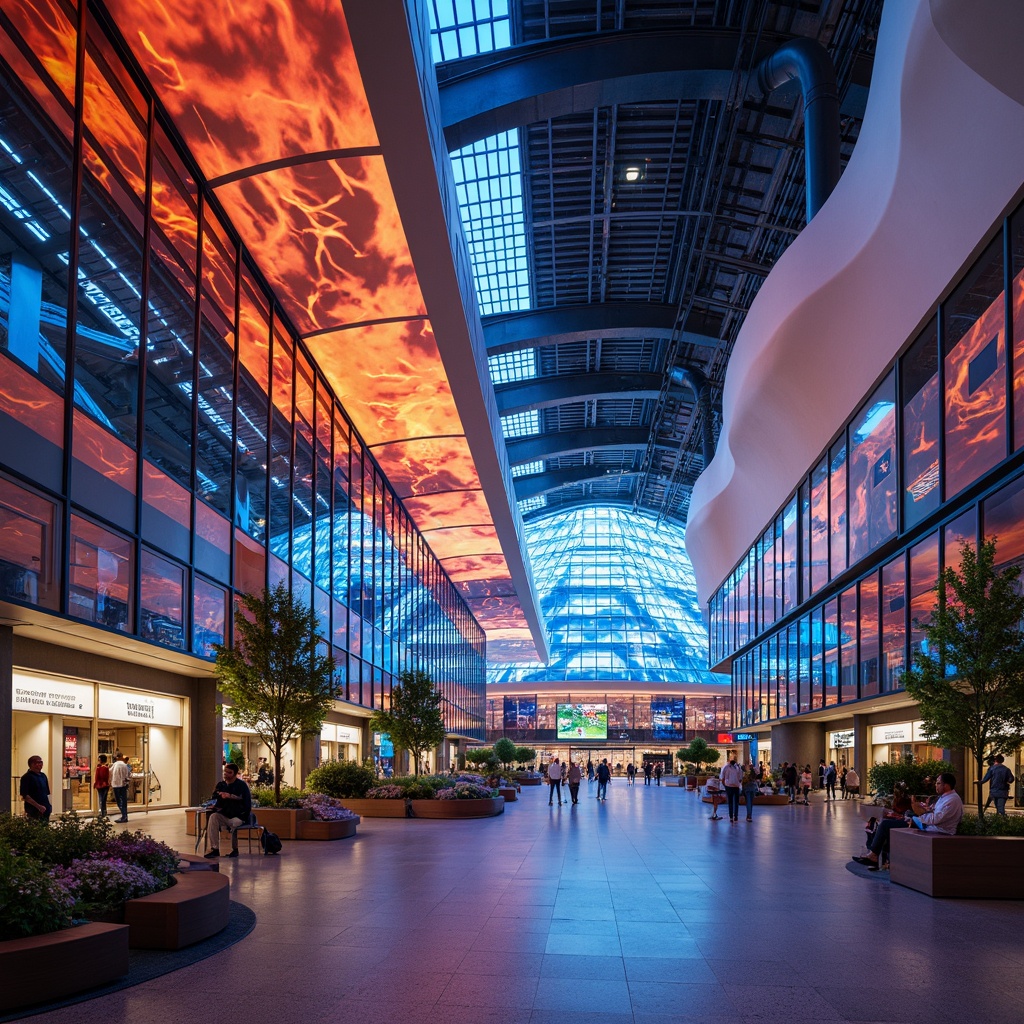 Prompt: Vibrant airport terminal, curved lines, dynamic shapes, bold colors, abstract patterns, futuristic architecture, large glass windows, metallic structures, LED light installations, digital displays, modern signage, airy atriums, open spaces, natural stone floors, sleek benches, minimalist decor, ambient lighting, shallow depth of field, 3/4 composition, panoramic view, realistic textures, ambient occlusion.