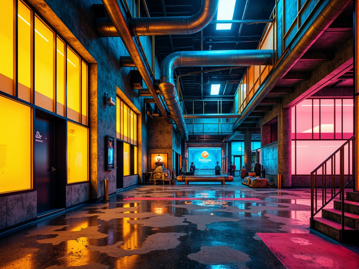 Prompt: Vibrant industrial colors, bold geometric shapes, abstract forms, metallic materials, exposed ductwork, urban cityscape, brutalist concrete structures, functional pipes, mechanical details, avant-garde design, radical angles, fragmented compositions, overlapping planes, dynamic lighting, high-contrast shadows, 1/1 composition, dramatic focal points, futuristic atmosphere, neon accents, bold typography, abstract patterns, distressed textures.