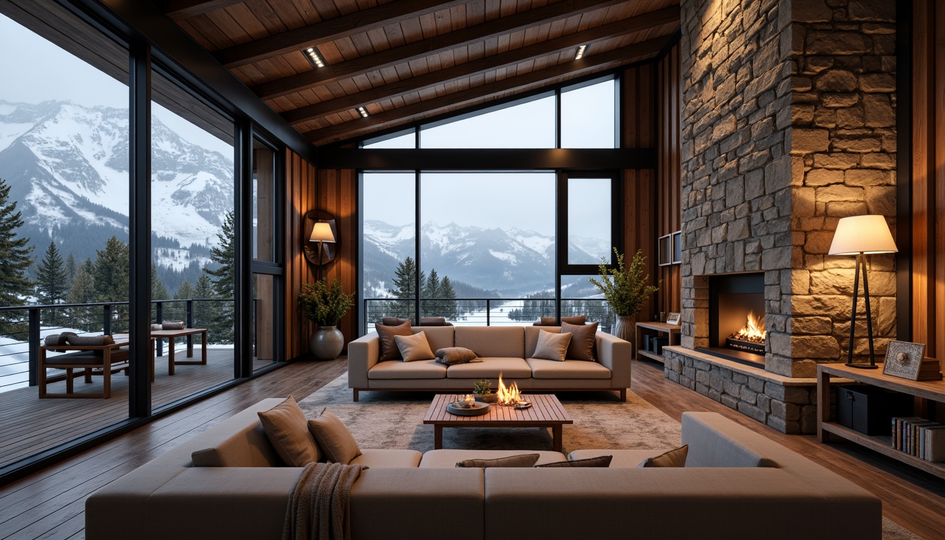 Prompt: Rustic mountain lodge, wooden accents, natural stone walls, earthy color palette, cozy fireplaces, warm ambient lighting, plush furnishings, reclaimed wood floors, metal roofing, industrial-chic decor, modern minimalist design, floor-to-ceiling windows, breathtaking mountain views, snow-capped peaks, misty atmosphere, soft focus, shallow depth of field, 1/2 composition, cinematic mood, realistic textures, subtle color grading.