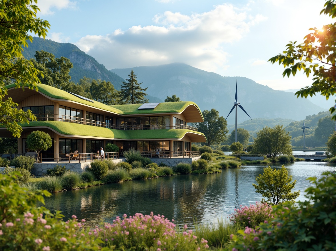 Prompt: Eco-friendly buildings, green roofs, solar panels, wind turbines, water conservation systems, sustainable materials, organic curves, natural stone walls, lush vegetation, serene lakeside, misty mountains, vibrant wildflowers, warm sunny day, soft diffused lighting, shallow depth of field, 3/4 composition, panoramic view, realistic textures, ambient occlusion.