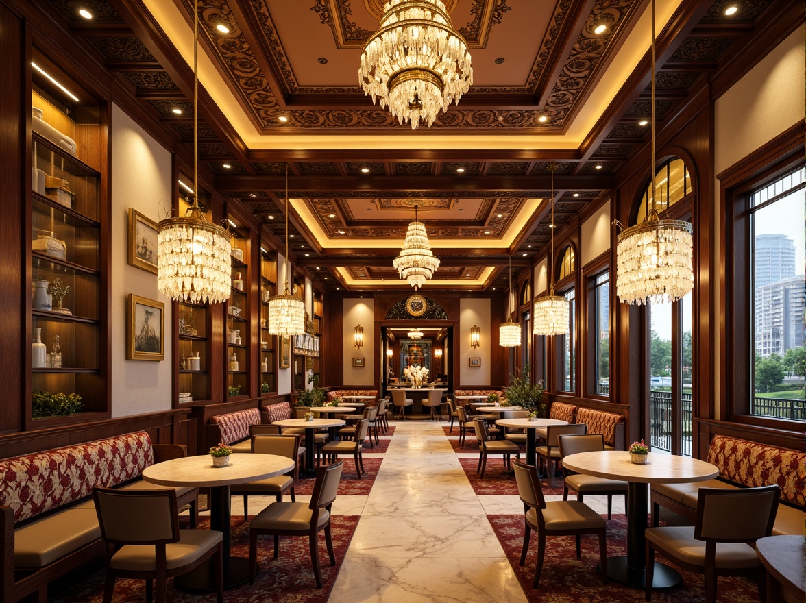 Prompt: Luxurious dining hall, ornate ceiling designs, intricate moldings, gilded details, crystal chandeliers, grandiose archways, marble floors, rich wood paneling, lavish furnishings, opulent fabrics, regal color schemes, warm golden lighting, soft shadows, 1/1 composition, realistic textures, ambient occlusion.