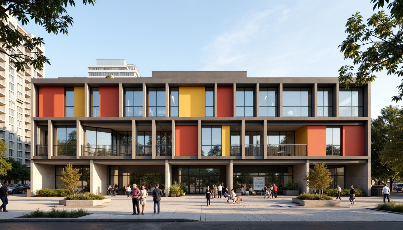 Prompt: Geometric middle school facade, bold primary colors, rectangular windows, flat roofs, industrial materials, exposed ductwork, minimalist ornamentation, functional simplicity, clean lines, rectangular columns, cantilevered staircases, asymmetrical compositions, natural light-filled classrooms, collaborative learning spaces, flexible modular furniture, educational signage, urban cityscape background, morning sunlight, soft shadows, 1/1 composition, realistic textures, ambient occlusion.