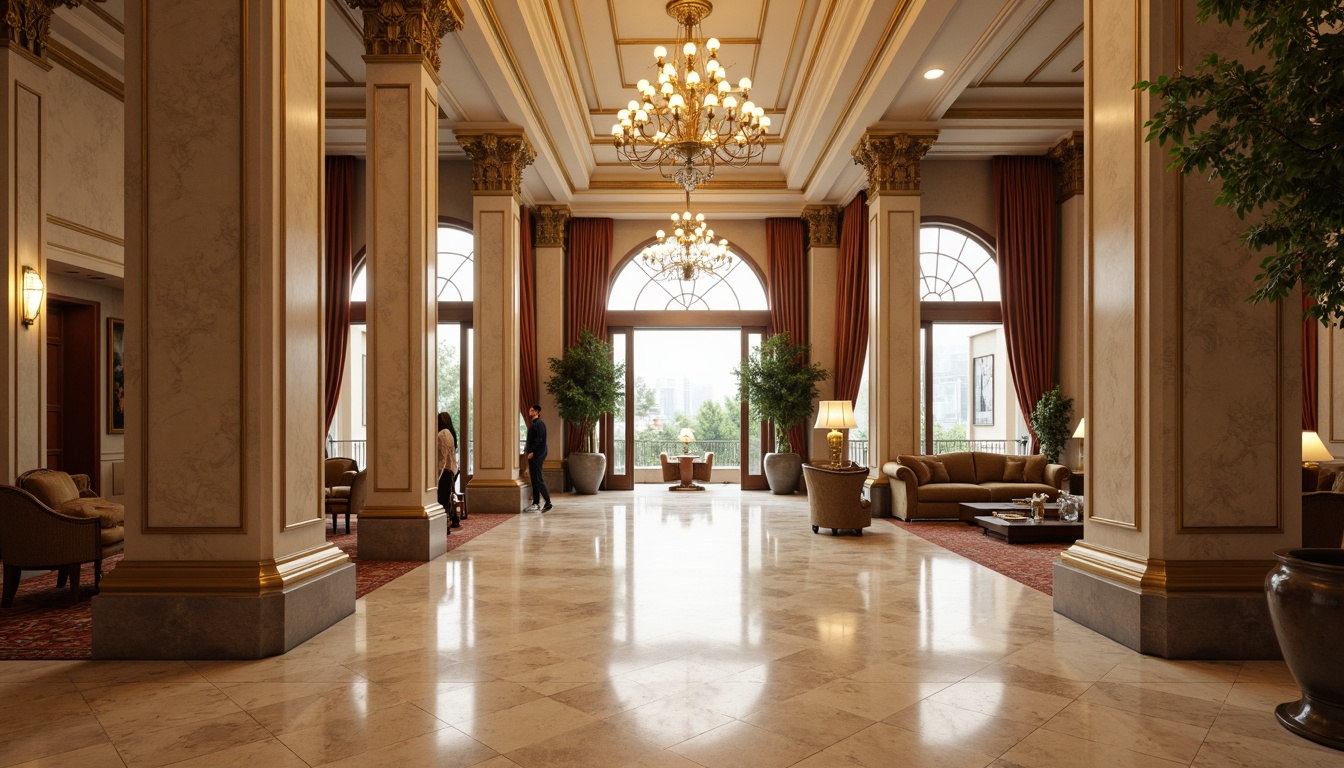 Prompt: Grand hotel lobby, ornate columns, intricately carved capitals, polished marble floors, elegant chandeliers, luxurious furnishings, rich velvet drapes, golden accents, symmetrical composition, classical arches, ornamental moldings, subtle lighting, warm beige tones, refined textures, shallow depth of field, 1/1 composition, realistic reflections, ambient occlusion.