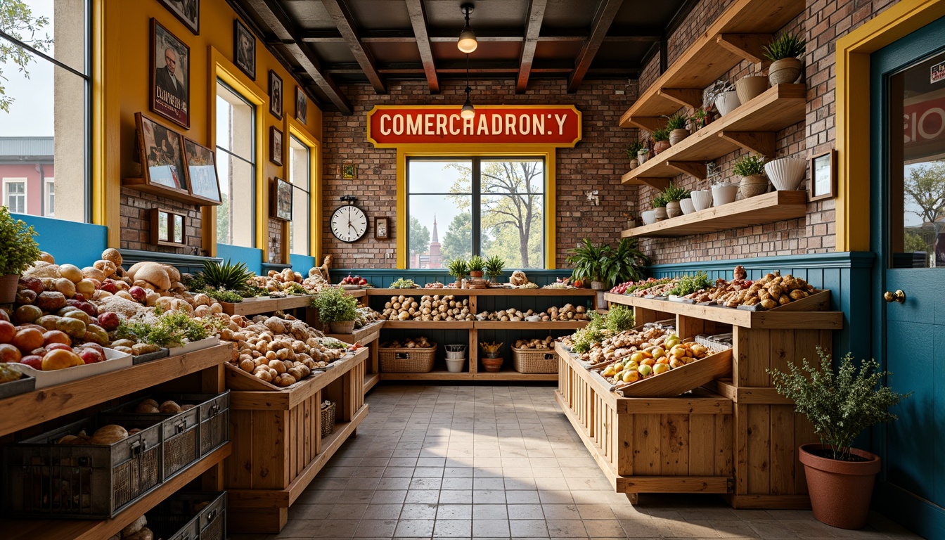 Prompt: Vibrant grocery store interior, eclectic style, bold color palette, bright yellow shelves, deep blue accents, warm orange signage, rich brown wooden crates, distressed metal racks, vintage-inspired advertisements, ornate decorative tiles, rustic stone walls, lively market atmosphere, soft natural lighting, shallow depth of field, 1/1 composition, realistic textures, ambient occlusion.