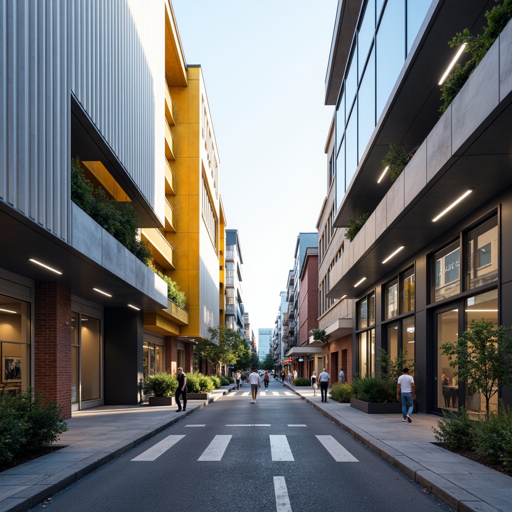 Prompt: Clean minimalist facades, rectangular forms, industrial materials, steel frames, large glass windows, functional simplicity, geometric shapes, primary color accents, bold typography, modernist architecture, urban cityscape, busy street scene, morning sunlight, soft shadows, shallow depth of field, 1/1 composition, realistic textures, ambient occlusion.