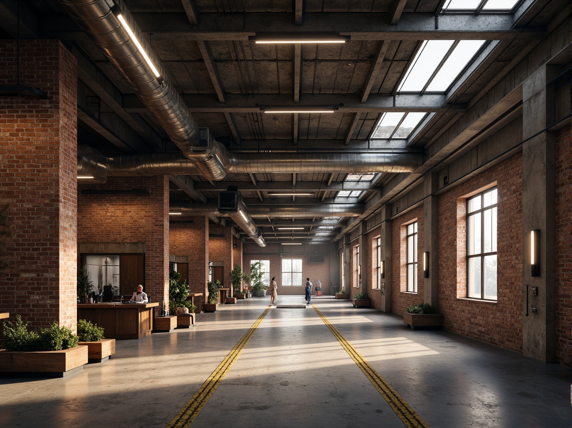 Prompt: Industrial warehouse interior, exposed ductwork, metal beams, concrete floors, rustic brick walls, high ceilings, natural light pouring through skylights, warm ambient lighting, softbox lights, task lamps, suspended linear fixtures, LED strips, diffused shadows, subtle color temperature, 1/2 composition, shallow depth of field, realistic textures, ambient occlusion.