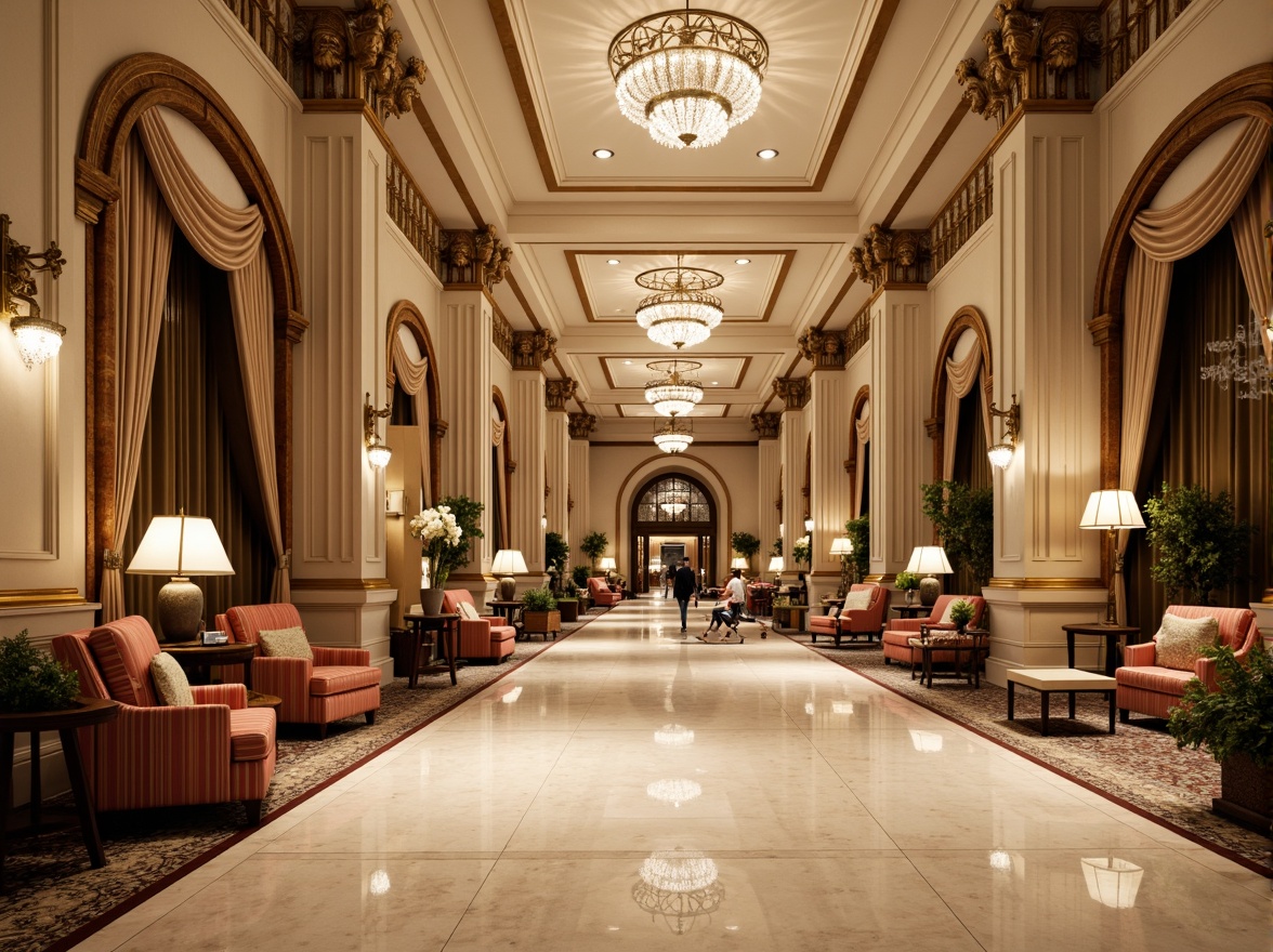 Prompt: Grand hotel lobby, ornate columns, intricately carved capitals, polished marble floors, elegant chandeliers, luxurious furnishings, rich velvet drapes, golden accents, symmetrical composition, classical arches, ornamental moldings, subtle lighting, warm beige tones, refined textures, shallow depth of field, 1/1 composition, realistic reflections, ambient occlusion.