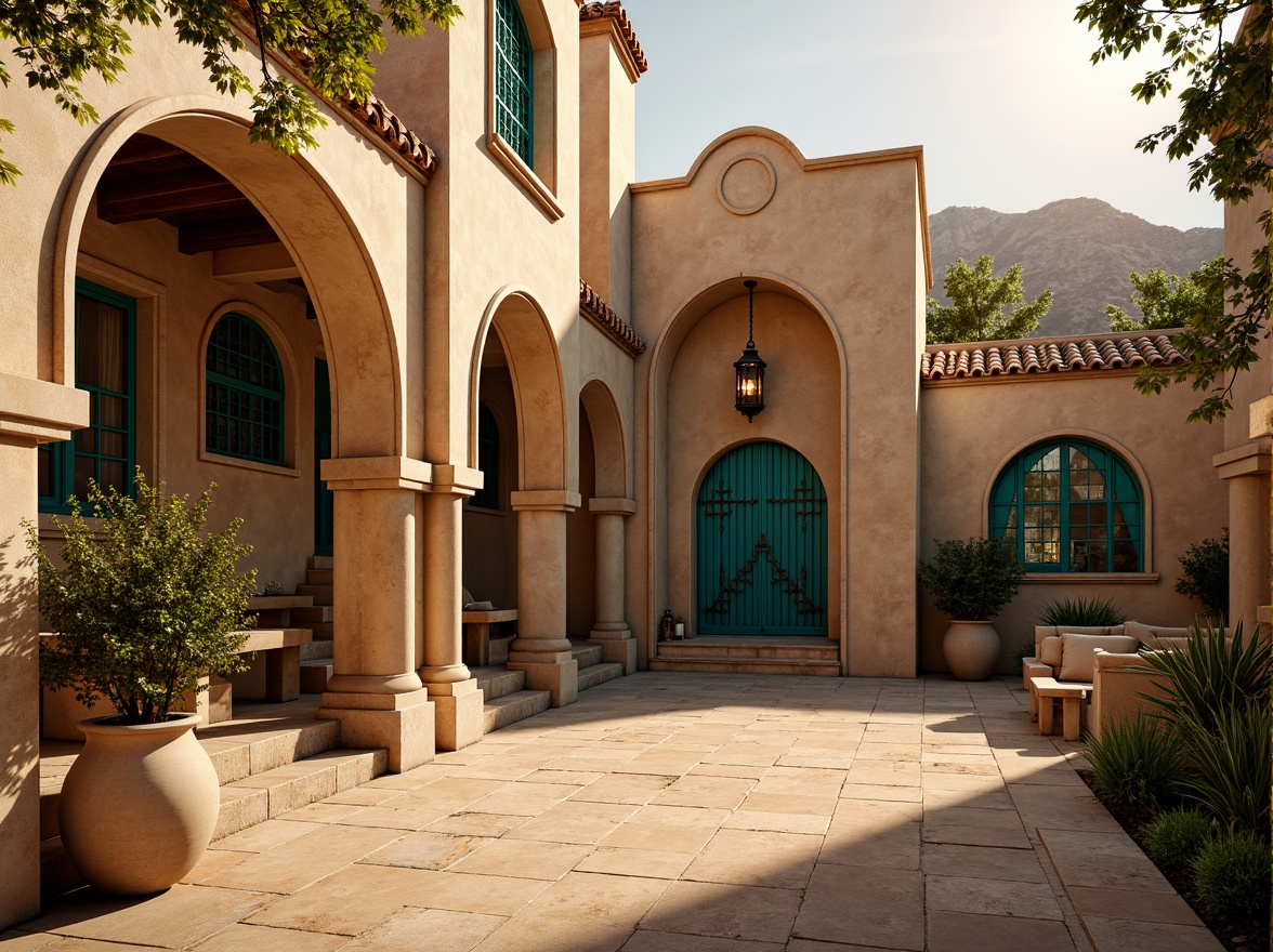 Prompt: Majestic desert villa, gothic architecture, warm beige stone walls, intricately carved arches, ornate ironwork, grandiose entrance gates, mystical lanterns, vibrant turquoise accents, earthy terracotta roofs, rustic wooden doors, mysterious alcoves, dramatic shadows, warm golden lighting, cinematic composition, atmospheric perspective, realistic rock textures, ambient occlusion.