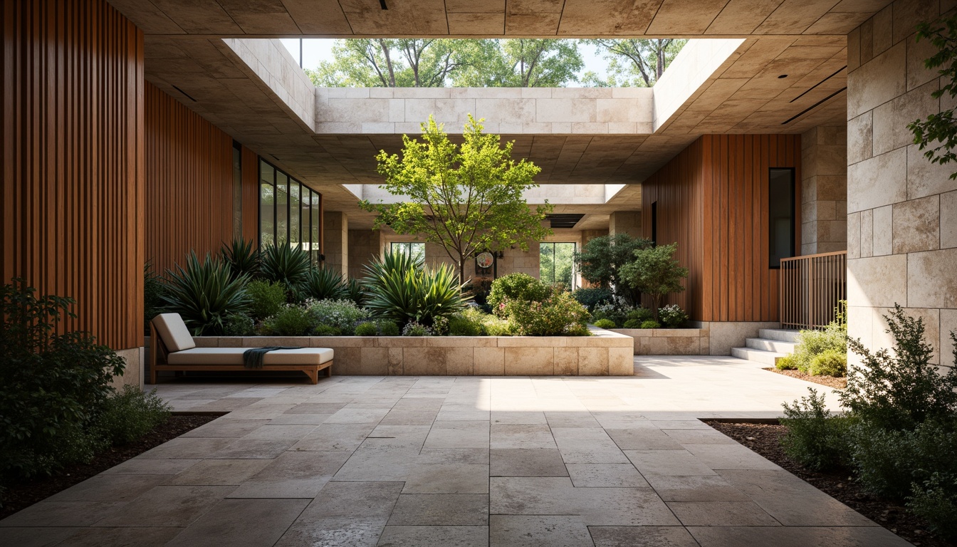 Prompt: Rustic stone walls, smooth wooden accents, rough-hewn granite floors, sleek metal railings, vibrant greenery, natural light pouring through clerestory windows, modern minimalist architecture, bold geometric shapes, contrasting textures, earthy color palette, warm ambient lighting, shallow depth of field, 1/1 composition, realistic render, atmospheric perspective.