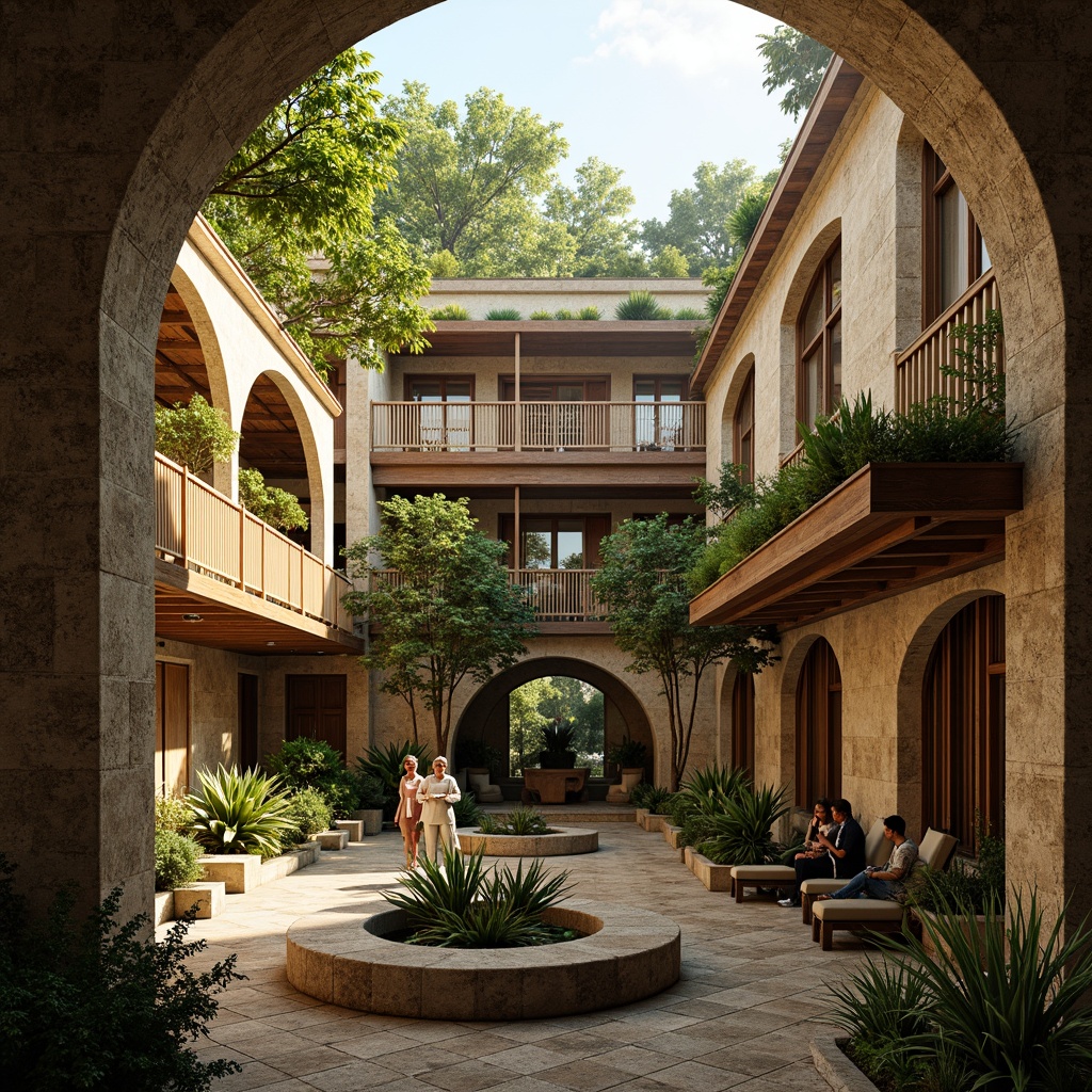 Prompt: Rustic urban romanesque buildings, bamboo-infused facades, natural textures, earthy tones, curved archways, ornate stone carvings, lush green roofs, tranquil courtyards, serene water features, warm golden lighting, shallow depth of field, 1/1 composition, realistic materials, ambient occlusion, vibrant plant life, organic forms, sustainable design elements.