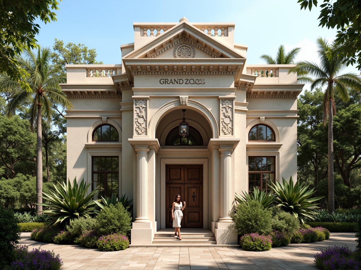 Prompt: Grand zoo entrance, neoclassical facade, ornate columns, carved stone details, symmetrical architecture, majestic archways, intricate moldings, rustic wooden doors, vintage metal lanterns, lush greenery, tropical plants, exotic flowers, sunny day, warm soft lighting, shallow depth of field, 3/4 composition, panoramic view, realistic textures, ambient occlusion.