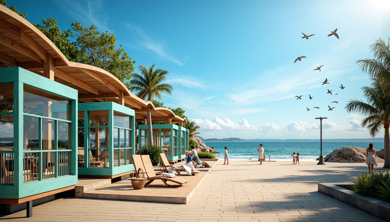 Prompt: Vibrant tram station, coastal scenery, ocean views, sandy beaches, seagulls flying, nautical ropes, wooden docks, modern architecture, curved lines, large windows, glass roofs, natural light, bright color scheme, turquoise accents, coral-inspired patterns, ocean-blue hues, sunny day, soft warm lighting, shallow depth of field, 3/4 composition, panoramic view, realistic textures, ambient occlusion.