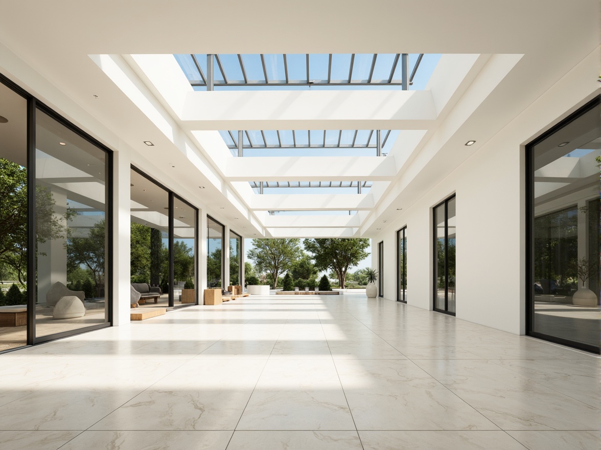 Prompt: Spacious open-plan interior, floor-to-ceiling windows, sliding glass doors, minimal obstructions, reflective surfaces, polished marble floors, bright white walls, clerestory windows, skylights, solar tubes, natural ventilation systems, airy atmosphere, soft warm lighting, shallow depth of field, 3/4 composition, panoramic view, realistic textures, ambient occlusion.