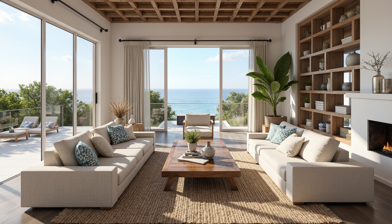 Prompt: Coastal living room, ocean-inspired color palette, driftwood accents, natural textiles, woven sea grass rugs, coral-patterned throw pillows, nautical-themed decorative objects, floor-to-ceiling windows, sliding glass doors, beachy vibe, soft warm lighting, shallow depth of field, 3/4 composition, panoramic view, realistic textures, ambient occlusion, modern minimalist furniture, reclaimed wood coffee table, comfortable linen sofas, ocean-breeze sound effects.