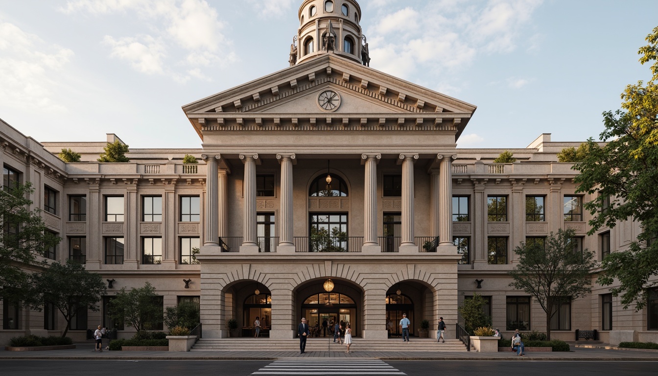 Prompt: Grandiose energy plant, neoclassical facade, ornate columns, intricate stone carvings, symmetrical architecture, grand entrance, majestic clock tower, rusticated base, ionic capitals, decorative cornices, arched windows, classical pediments, subtle color palette, earthy tones, natural stone textures, warm ambient lighting, soft focus, shallow depth of field, 2/3 composition, realistic render, atmospheric perspective.