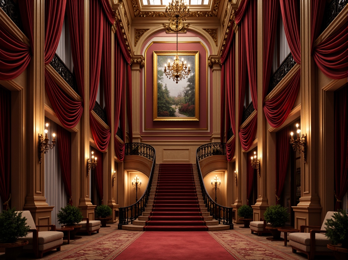 Prompt: Rich velvet curtains, ornate golden frames, lavish chandeliers, grand staircase, opulent red carpet, intricate moldings, Baroque-inspired architecture, dramatic spotlights, warm ambient lighting, shallow depth of field, 1/2 composition, realistic textures, ambient occlusion, luxurious fabrics, regal color palette, Renaissance-era motifs, ornamental details, majestic high ceilings, grandiose scale, symmetrical layout.