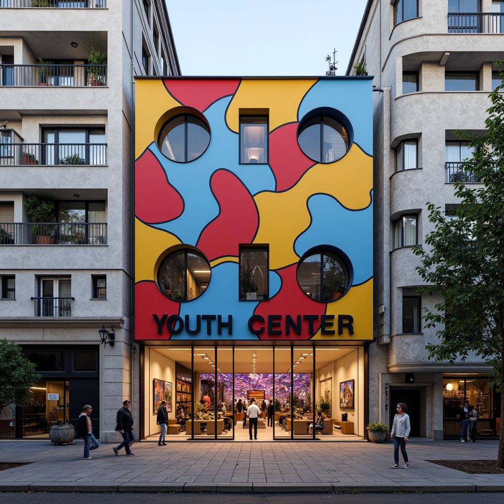 Prompt: Vibrant youth center, expressive facade design, bold color blocking, irregular shapes, dynamic patterns, abstract murals, playful typography, eclectic mix of materials, rough concrete textures, smooth glass surfaces, metallic accents, neon lighting, urban cityscape, bustling streets, pedestrian traffic, afternoon sunlight, dramatic shadows, high contrast, 1/2 composition, close-up shot, realistic rendering, ambient occlusion.