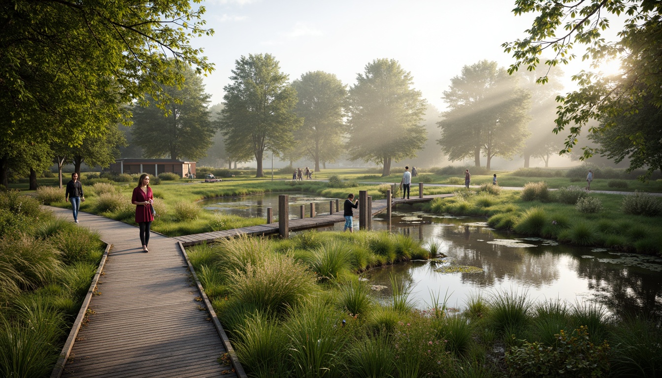 Prompt: Serene wetland landscape, lush vegetation, tranquil water bodies, winding streams, rustic wooden boardwalks, observation decks, educational signs, native aquatic plants, diverse wildlife habitats, natural stone pathways, meandering trails, soft warm lighting, shallow depth of field, 3/4 composition, panoramic view, realistic textures, ambient occlusion, misty morning atmosphere, vibrant greenery, earthy tones, organic forms, sustainable design principles.