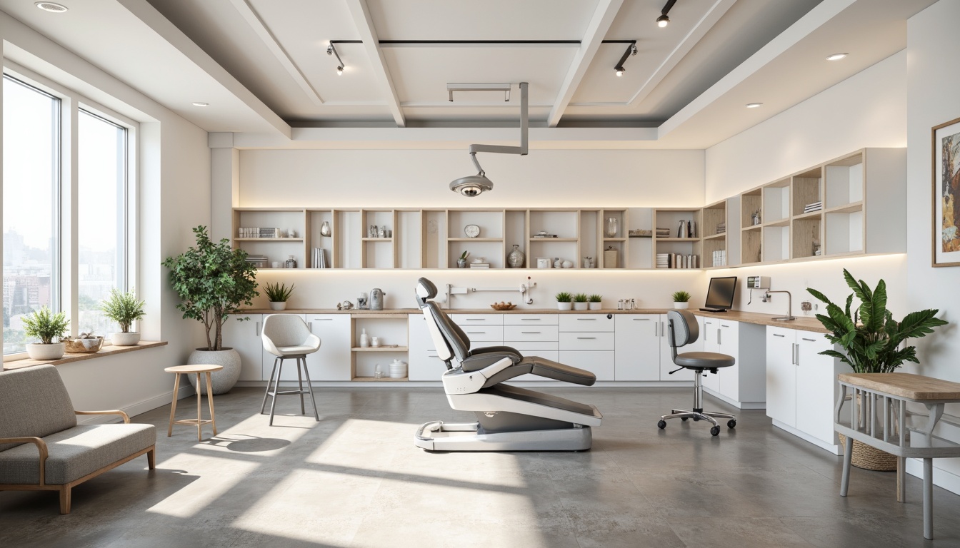 Prompt: Minimalist dental clinic interior, clean white walls, polished concrete floors, sleek metal furniture, ergonomic chairs, modern dentist equipment, geometric lighting fixtures, industrial-style shelving units, functional storage cabinets, calming green plants, natural wood accents, Scandinavian-inspired decor, abundant natural light, soft warm color scheme, 1/1 composition, shallow depth of field, realistic textures, ambient occlusion.