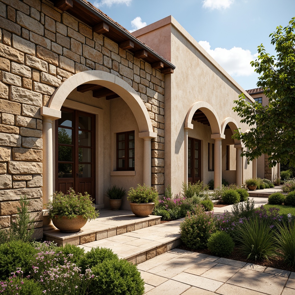 Prompt: Rustic exterior facade, weathered stone walls, earthy tone masonry, textured brick patterns, natural stone cladding, rough-hewn granite blocks, warm beige stucco, decorative arches, ornate columns, Mediterranean-inspired architecture, lush greenery, blooming flowers, sunny day, soft warm lighting, shallow depth of field, 3/4 composition, panoramic view, realistic textures, ambient occlusion.