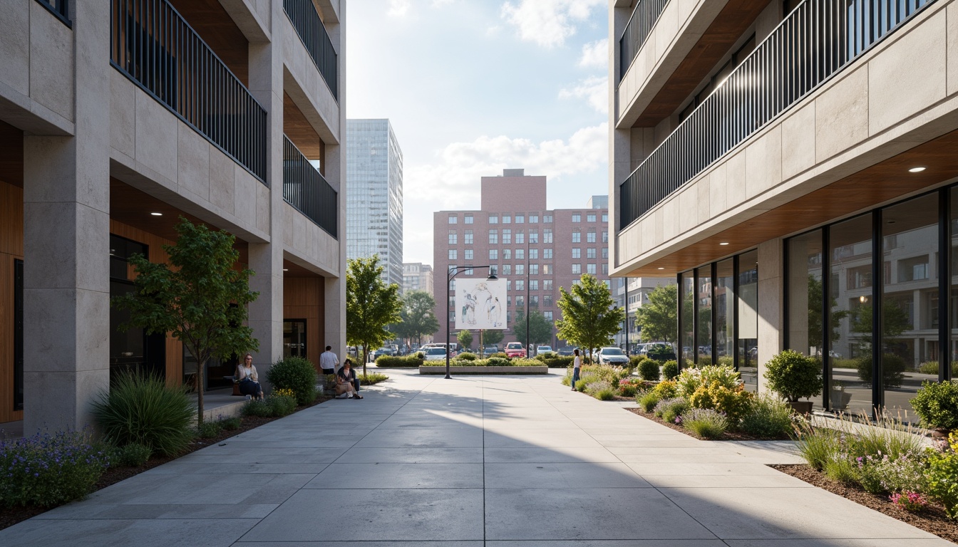 Prompt: Modernist building facade, clean lines, minimalist aesthetic, functional simplicity, open floor plans, natural light pouring in, sleek metal accents, polished concrete floors, industrial chic atmosphere, urban cityscape background, busy streets, contemporary art installations, geometric patterns, bold color blocking, dynamic spatial relationships, 1/1 composition, high contrast lighting, dramatic shadows, realistic material textures, ambient occlusion.