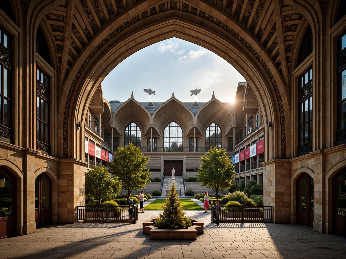 Prompt: Grandiose stadium, ribbed vaulted ceiling, pointed arches, flying buttresses, intricate stone carvings, stained glass windows, majestic entrance gates, ornate ironwork, vibrant pennants, lush greenery, natural stone fa\u00e7ade, towering spires, dramatic lighting, high-contrast shadows, 1/2 composition, symmetrical framing, warm golden hour, realistic textures, ambient occlusion.