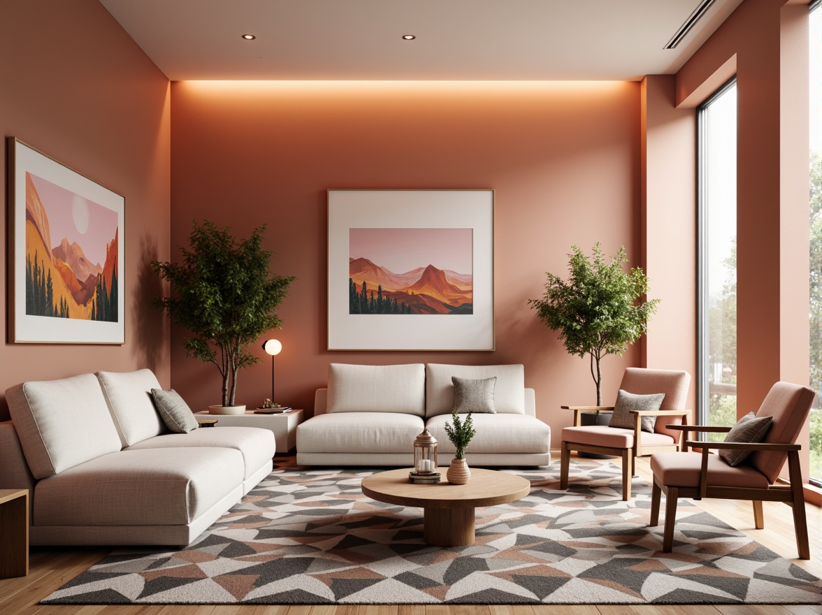 Prompt: Vibrant modern interior, bold color blocking, pastel hues, soft peach tones, rich charcoal accents, metallic silver highlights, natural wood textures, sleek minimalist furniture, geometric patterned rugs, abstract artwork, warm ambient lighting, shallow depth of field, 1/1 composition, realistic renderings, subtle gradient effects.