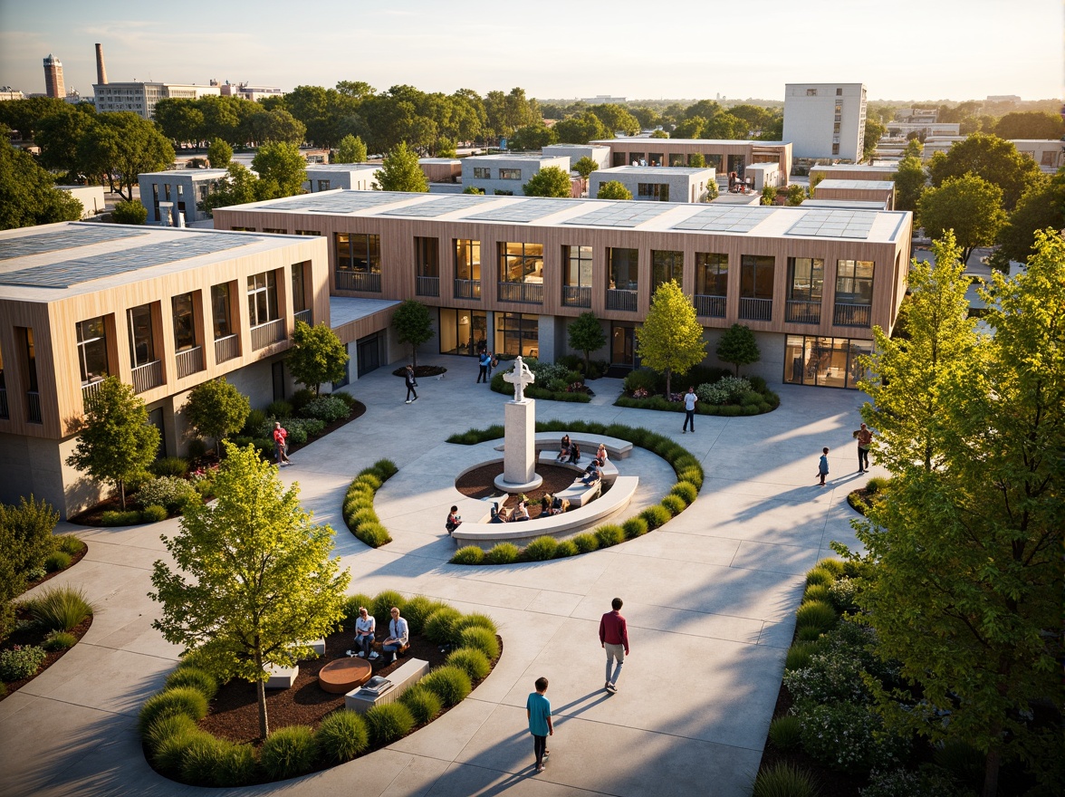 Prompt: Vibrant community center, modern architecture, green roofs, solar panels, natural stone walls, wooden accents, open courtyard, lush greenery, walking paths, outdoor seating areas, public art installations, interactive play spaces, educational facilities, community gardens, organic food markets, electric vehicle charging stations, bike-sharing systems, pedestrian-friendly streets, soft warm lighting, shallow depth of field, 3/4 composition, panoramic view, realistic textures, ambient occlusion.